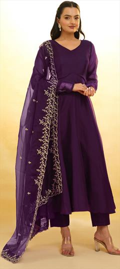 Festive, Reception, Wedding Purple and Violet color Salwar Kameez in Organza Silk fabric with A Line Thread work : 1949369