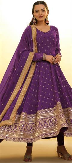 Festive, Reception, Wedding Purple and Violet color Salwar Kameez in Georgette fabric with Anarkali Embroidered, Sequence, Thread work : 1949370