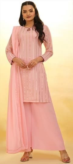 Festive, Reception, Wedding Pink and Majenta color Salwar Kameez in Georgette fabric with Straight Sequence work : 1949371