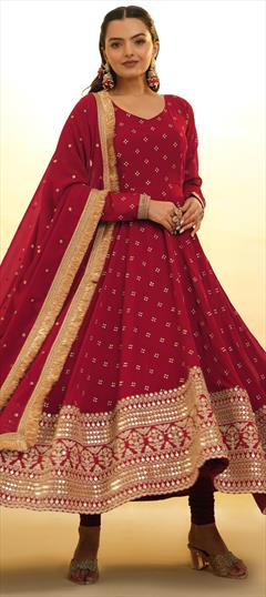 Festive, Reception, Wedding Red and Maroon color Salwar Kameez in Georgette fabric with Anarkali Embroidered, Sequence, Thread work : 1949373