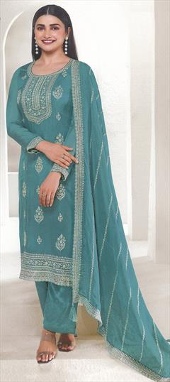 Festive, Party Wear Blue color Salwar Kameez in Organza Silk fabric with Straight Embroidered, Thread work : 1949377
