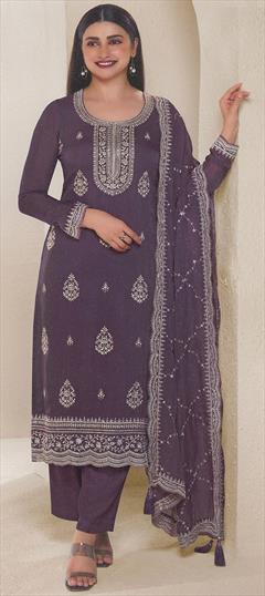 Festive, Party Wear Purple and Violet color Salwar Kameez in Organza Silk fabric with Straight Embroidered, Thread work : 1949385