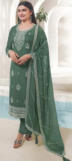 Festive, Party Wear Green color Salwar Kameez in Organza Silk fabric with Straight Embroidered, Thread work : 1949388