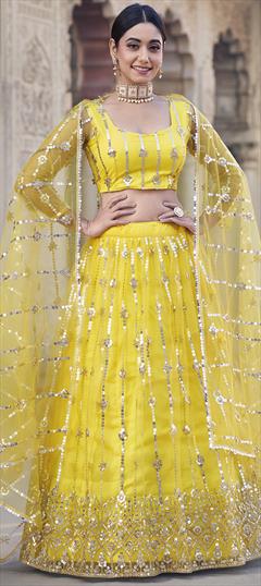 Bridal, Wedding Yellow color Lehenga in Net fabric with Flared Sequence, Thread work : 1949395