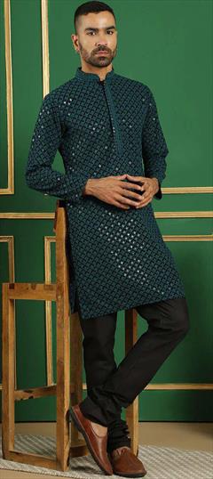Party Wear Blue color Kurta Pyjamas in Cotton fabric with Embroidered, Sequence work : 1949407