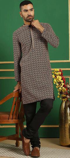Party Wear Beige and Brown color Kurta Pyjamas in Cotton fabric with Embroidered, Sequence work : 1949408