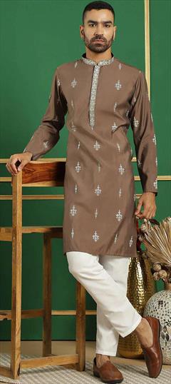 Party Wear Beige and Brown color Kurta Pyjamas in Silk cotton fabric with Foil Print work : 1949413