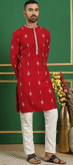 Party Wear Red and Maroon color Kurta Pyjamas in Silk cotton fabric with Foil Print work : 1949417