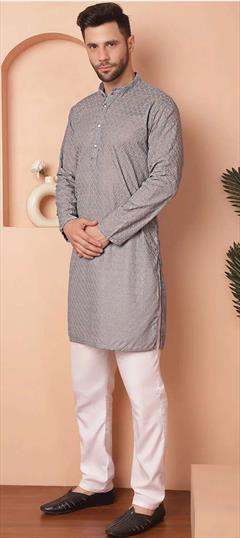 Party Wear Black and Grey color Kurta Pyjamas in Cotton fabric with Embroidered work : 1949447