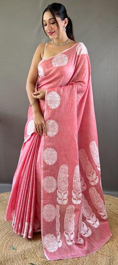 Festive, Traditional Pink and Majenta color Saree in Linen fabric with Bengali Printed work : 1949502