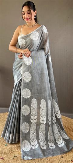 Festive, Traditional Black and Grey color Saree in Linen fabric with Bengali Printed work : 1949503