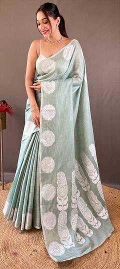 Festive, Traditional Green color Saree in Linen fabric with Bengali Printed work : 1949505