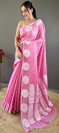 Festive, Traditional Pink and Majenta color Saree in Linen fabric with Bengali Printed work : 1949506