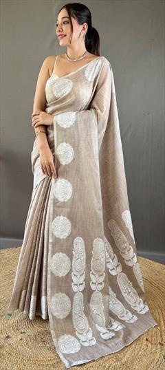 Festive, Traditional Beige and Brown color Saree in Linen fabric with Bengali Printed work : 1949511