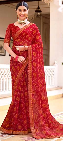 Festive, Reception Red and Maroon color Saree in Chiffon fabric with Classic, Rajasthani Bandhej, Lace, Printed work : 1949512