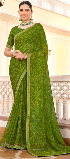 Festive, Reception Green color Saree in Chiffon fabric with Classic, Rajasthani Bandhej, Lace, Printed work : 1949515