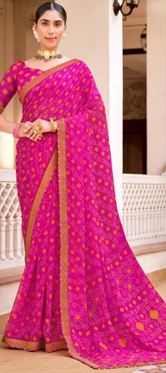 Festive, Reception Pink and Majenta color Saree in Chiffon fabric with Classic, Rajasthani Bandhej, Lace, Printed work : 1949517