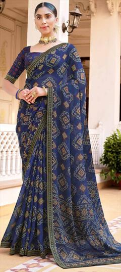 Festive, Reception Blue color Saree in Chiffon fabric with Classic, Rajasthani Bandhej, Lace, Printed work : 1949519