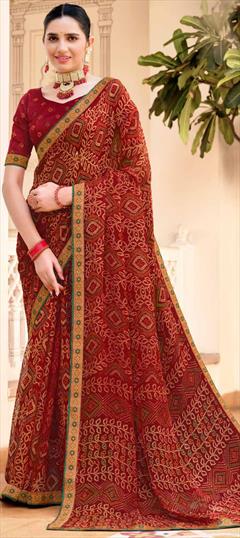 Festive, Reception Red and Maroon color Saree in Chiffon fabric with Classic, Rajasthani Bandhej, Lace, Printed work : 1949521