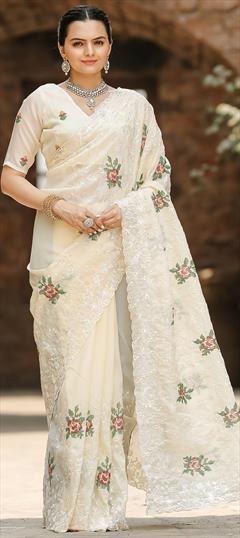 Festive, Reception, Wedding White and Off White color Saree in Chiffon fabric with Classic Embroidered, Resham, Thread work : 1949534