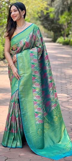 Traditional, Wedding Green color Saree in Silk fabric with South Printed, Weaving work : 1949540