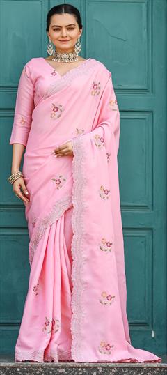 Festive, Traditional Pink and Majenta color Saree in Tussar Silk fabric with South Embroidered, Resham, Thread work : 1949541
