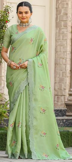 Festive, Traditional Green color Saree in Tussar Silk fabric with South Embroidered, Resham, Thread work : 1949546