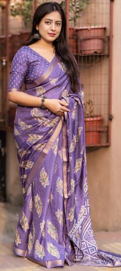 Festive, Party Wear, Traditional Purple and Violet color Saree in Cotton fabric with Bengali Printed work : 1949550