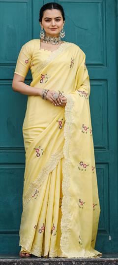Festive, Traditional Yellow color Saree in Tussar Silk fabric with South Embroidered, Resham, Thread work : 1949551