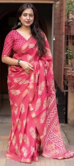 Festive, Party Wear, Traditional Pink and Majenta color Saree in Cotton fabric with Bengali Printed work : 1949553