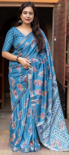 Festive, Party Wear, Traditional Blue color Saree in Cotton fabric with Bengali Printed work : 1949554