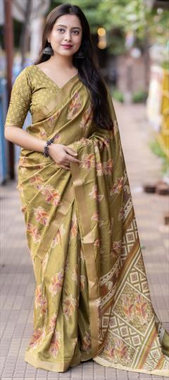 Festive, Party Wear, Traditional Green color Saree in Cotton fabric with Bengali Printed work : 1949555