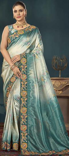 Festive, Traditional, Wedding Blue color Saree in Jacquard fabric with South Border, Digital Print, Embroidered work : 1949556
