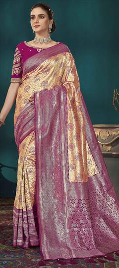 Bridal, Wedding Gold color Saree in Kanjeevaram Silk fabric with South Weaving, Zari work : 1949557