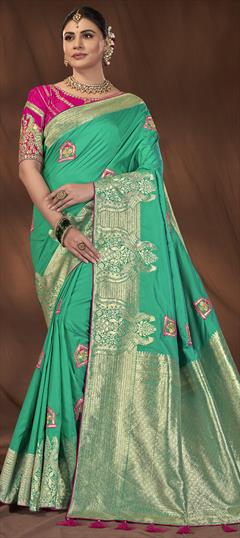 Bridal, Wedding Green color Saree in Kanjeevaram Silk fabric with South Embroidered, Resham, Weaving, Zari work : 1949559