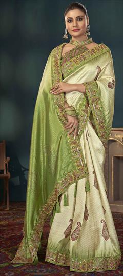 Festive, Traditional, Wedding Green color Saree in Jacquard fabric with South Border, Digital Print, Embroidered work : 1949562