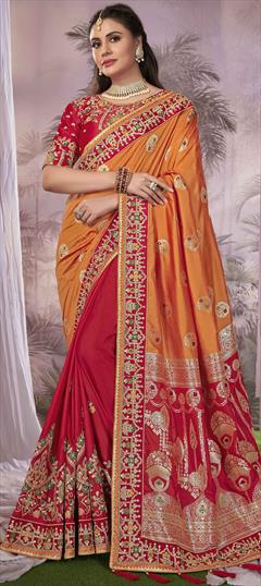 Festive, Traditional, Wedding Yellow color Saree in Banarasi Silk fabric with South Border, Embroidered, Weaving, Zari work : 1949564