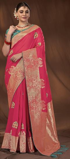 Bridal, Wedding Orange color Saree in Kanjeevaram Silk fabric with South Embroidered, Resham, Weaving, Zari work : 1949565