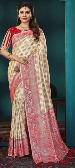 Bridal, Wedding Gold color Saree in Kanjeevaram Silk fabric with South Embroidered, Resham, Weaving, Zari work : 1949566