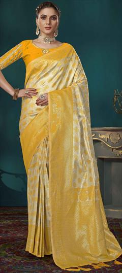 Bridal, Wedding Yellow color Saree in Banarasi Silk fabric with South Embroidered, Resham, Weaving, Zari work : 1949568