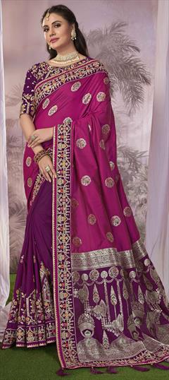 Bridal, Wedding Pink and Majenta, Purple and Violet color Saree in Banarasi Silk fabric with South Border, Embroidered, Tye n Dye, Weaving, Zari work : 1949569