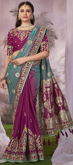 Bridal, Wedding Green, Pink and Majenta color Saree in Banarasi Silk fabric with South Border, Embroidered, Tye n Dye, Weaving, Zari work : 1949572