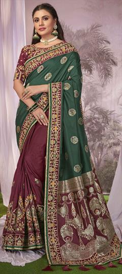 Bridal, Wedding Green, Red and Maroon color Saree in Banarasi Silk fabric with South Border, Embroidered, Tye n Dye, Weaving, Zari work : 1949574