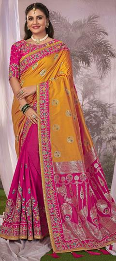 Bridal, Wedding Pink and Majenta, Yellow color Saree in Banarasi Silk fabric with South Border, Embroidered, Tye n Dye, Weaving, Zari work : 1949575