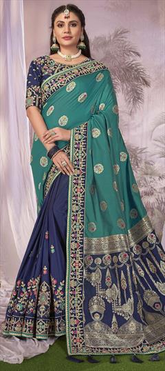 Bridal, Wedding Blue, Green color Saree in Banarasi Silk fabric with South Border, Embroidered, Tye n Dye, Weaving, Zari work : 1949576