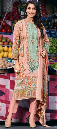 Festive, Reception Pink and Majenta color Salwar Kameez in Cotton fabric with Pakistani, Straight Digital Print, Embroidered, Floral work : 1949694