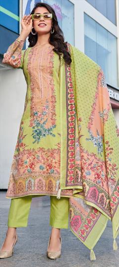 Festive, Reception Green color Salwar Kameez in Cotton fabric with Pakistani, Straight Digital Print, Embroidered, Floral work : 1949697