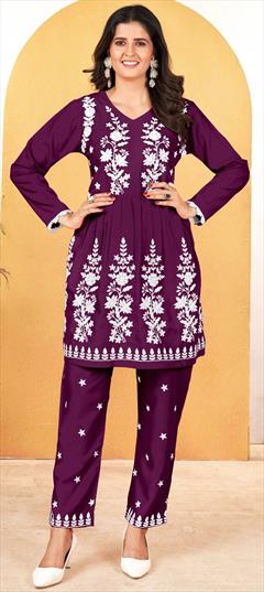 Party Wear Purple and Violet color Salwar Kameez in Rayon fabric with Embroidered, Resham, Thread work : 1949698