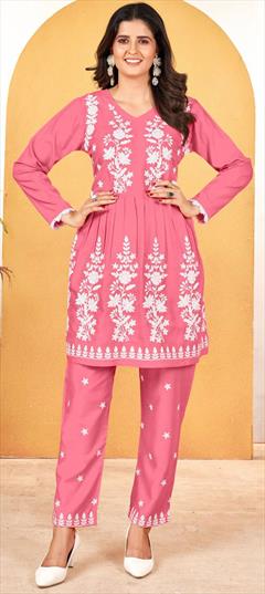 Party Wear Pink and Majenta color Salwar Kameez in Rayon fabric with Embroidered, Resham, Thread work : 1949700