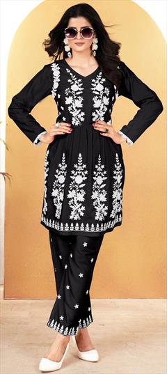 Party Wear Black and Grey color Salwar Kameez in Rayon fabric with Embroidered, Resham, Thread work : 1949702